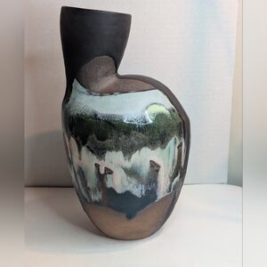 Studio Art Pottery Raku Vase, Drip Glaze Signed.